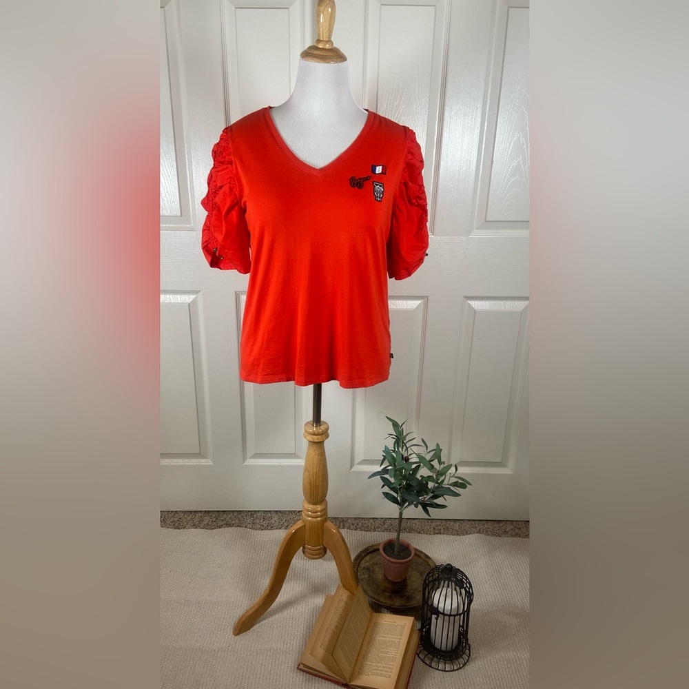 Karl Lagerfeld Paris Bonjour Red Puff Sleeve Women's Graphic Top Size L